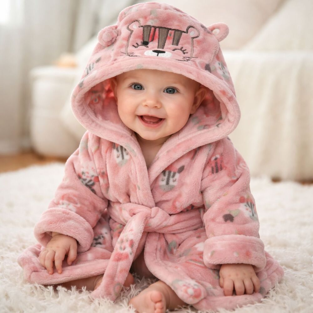 Baby Girls Hooded Bathrobe Animal Face Pink Print Long Sleeve Tie Waist 0-9M